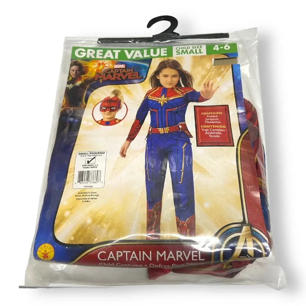 Captain Marvel Costume Girls Small 4-6 Rubies Padded Jumpsuit‎ Headpiece NIP